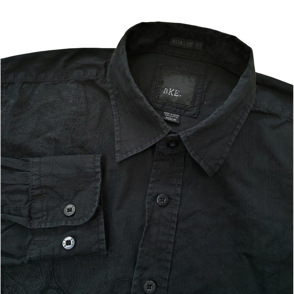 BKE Black Paisley Embossed Long Sleeve Button Up Shirt Men's Medium Athletic Fit